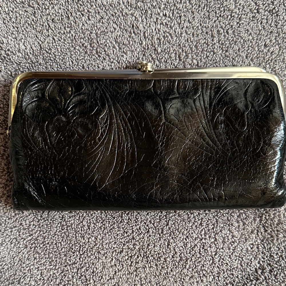 HOBO Lauren Clutch Wallet Black Embossed Floral Print